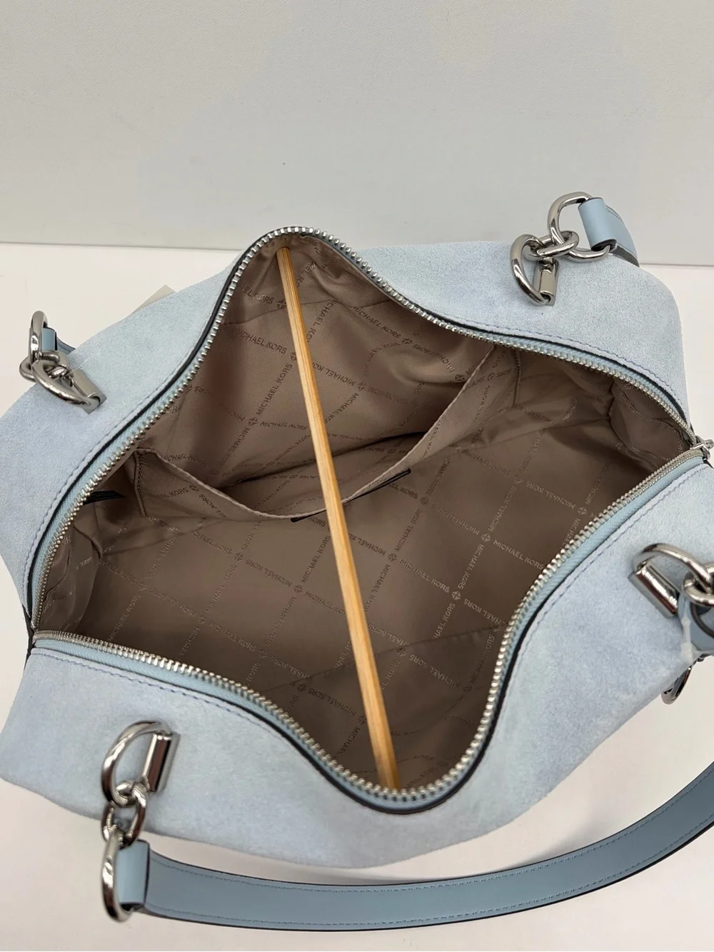 Michael Kors Cecily Light Blue Suede Shoulder Bag with MK Charm